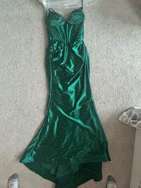 Sherri Hill Emerald Green Satin Evening Gown with Rhinestone Detail Prom Dress